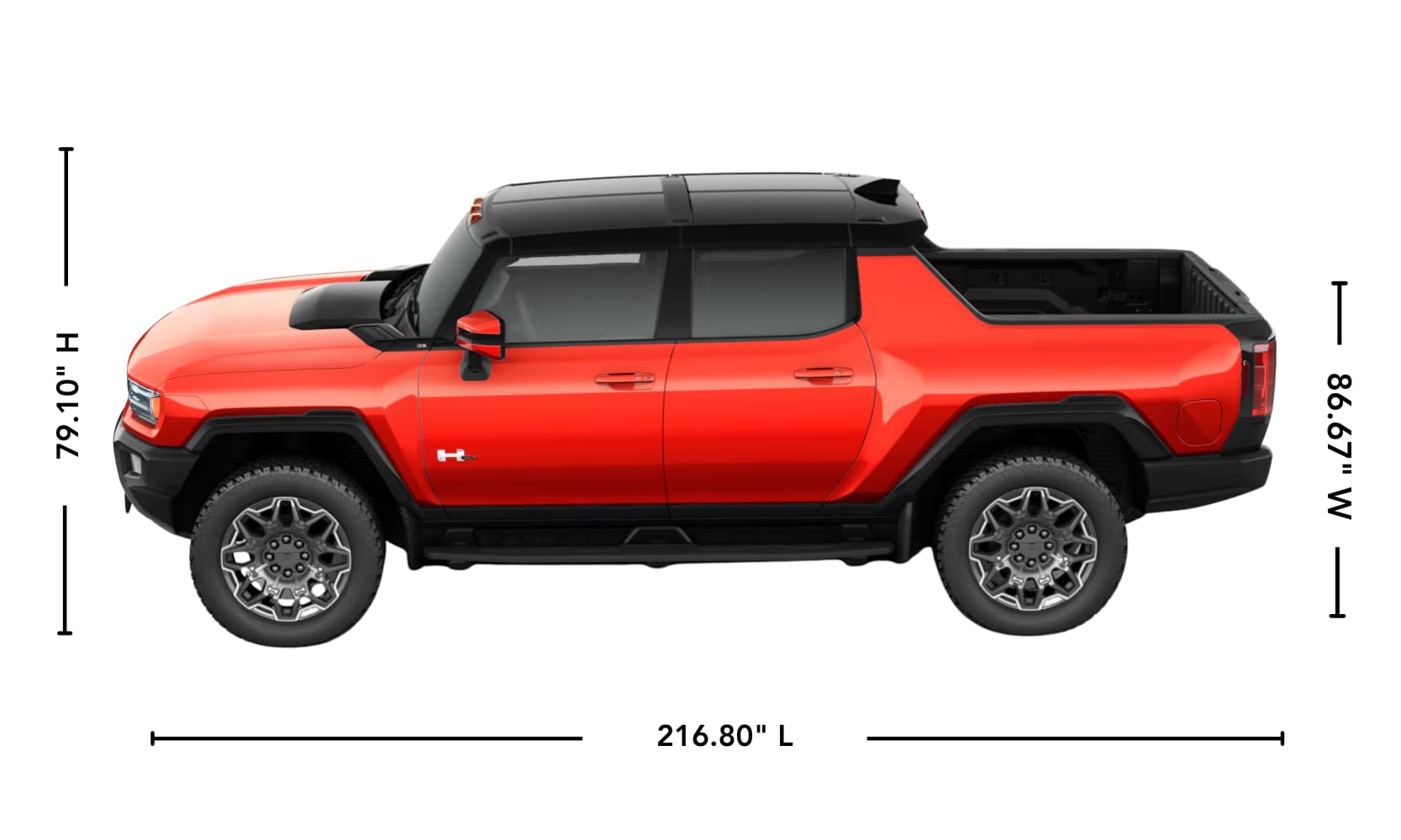 Exterior side image graphic of an orange 2026 Hummer EV Pickup with its dimensions shown