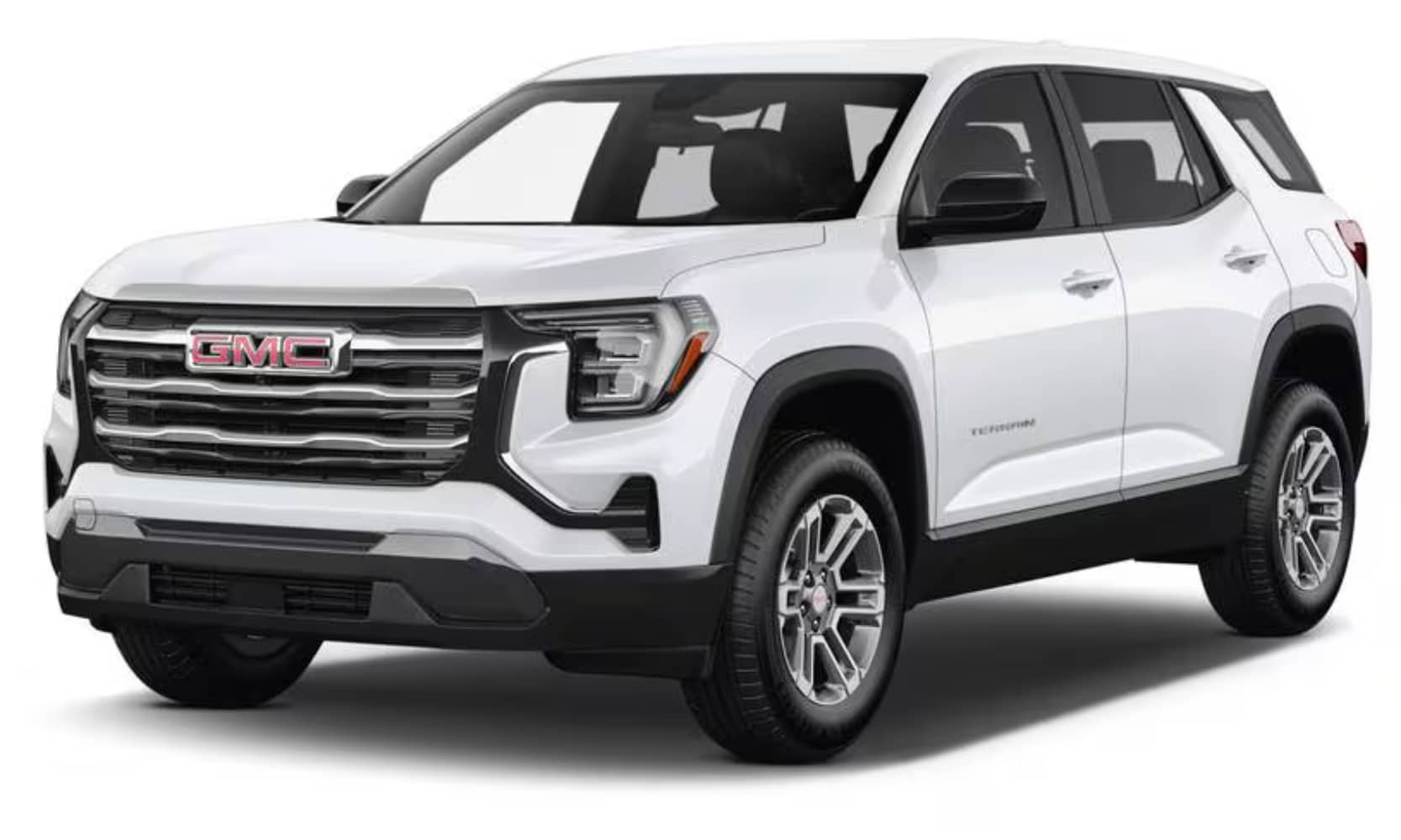 Exterior image of a white 2025 GMC Terrain parked on a white background
