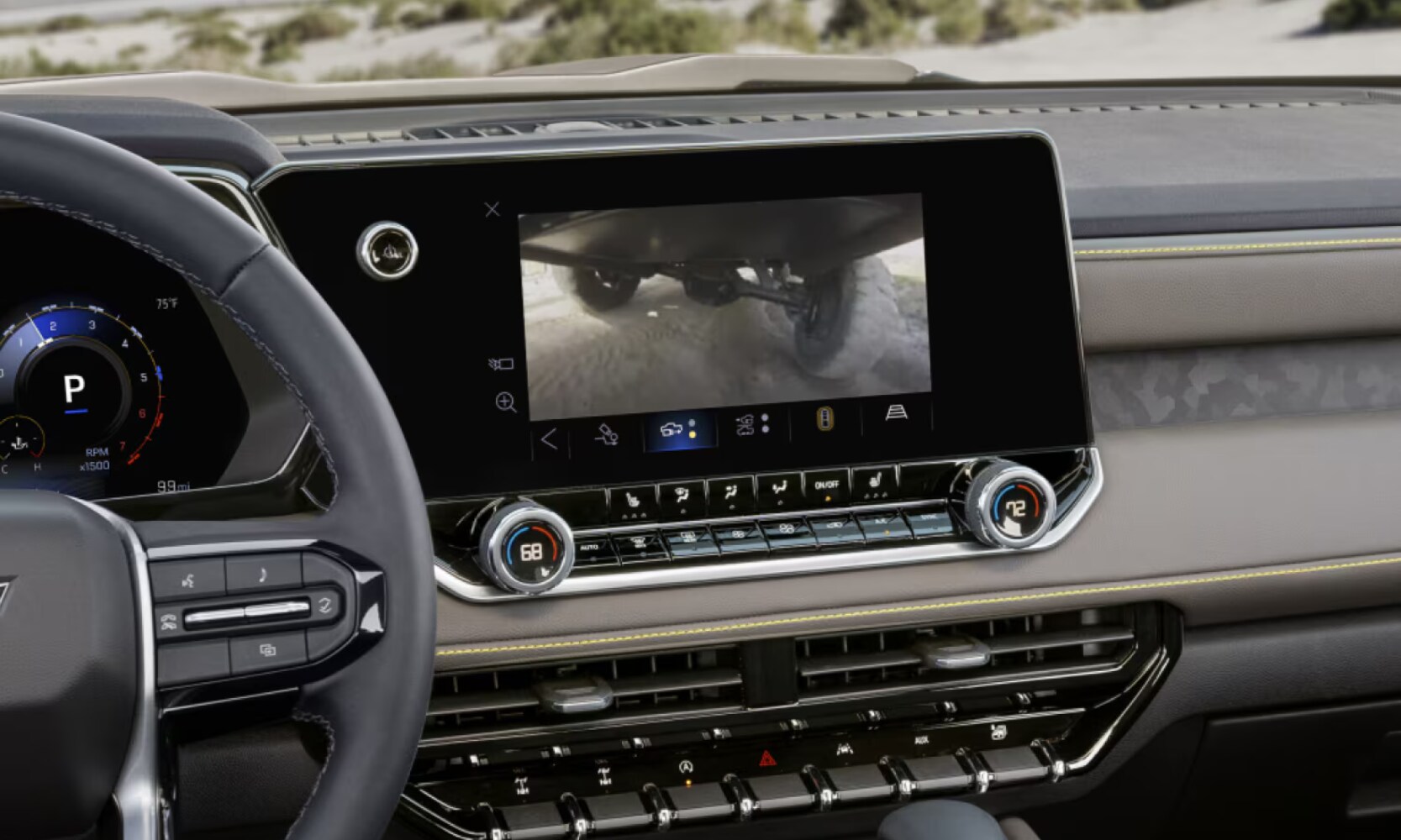 Close-up interior image of the 2026 Chevy Colorado camera system on the dashboard with underbody views