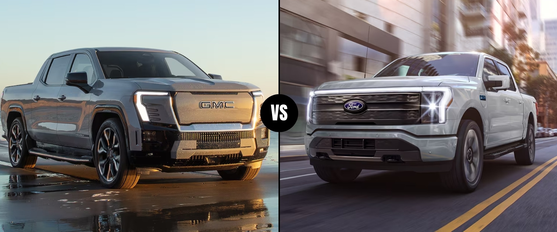 Side-by-side comparison graphic of a 2025 GMC Sierra EV on the left and a 2025 Ford F-150 Lightning on the right