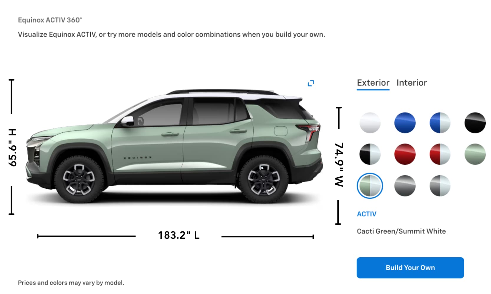 Exterior side image graphic of a light green 2026 Chevrolet Equinox ACTIV with its paint options and specs displayed