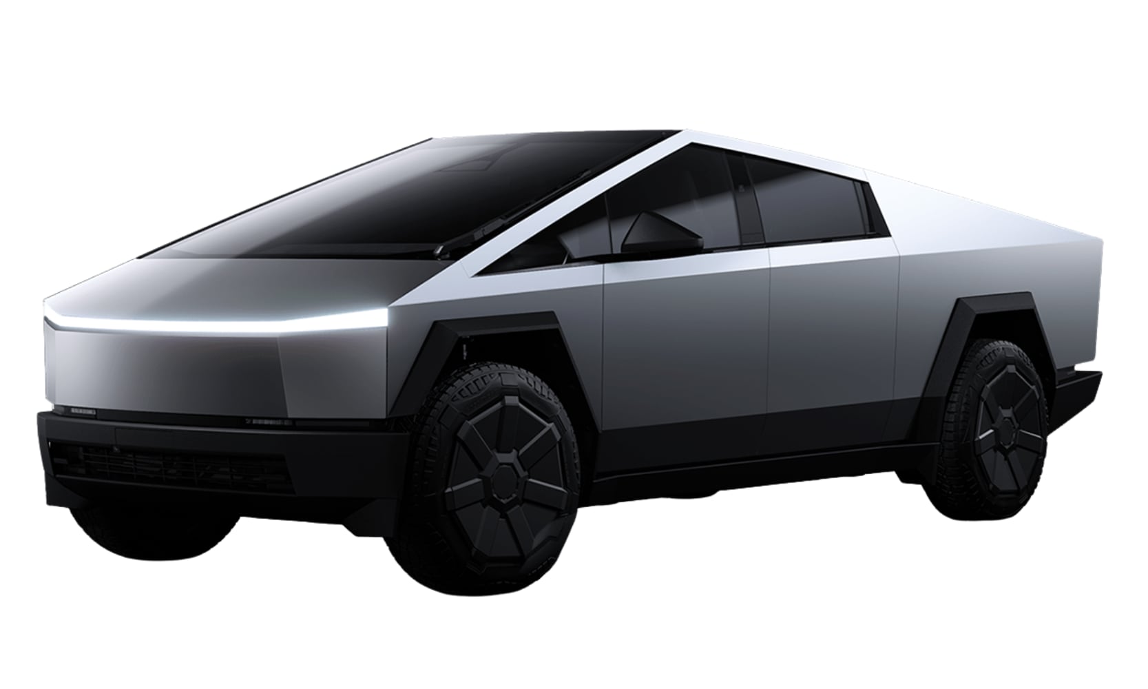 Exterior side angle image of a silver 2025 Tesla Cybertruck All-Wheel Drive parked on a white background