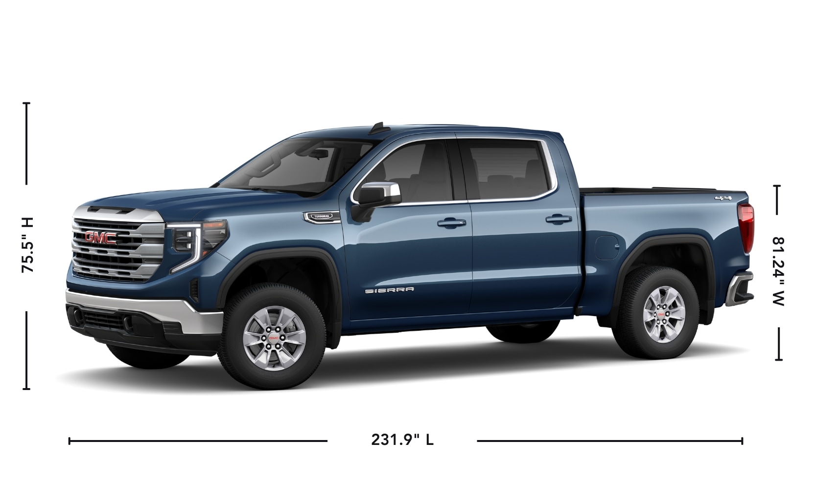 Exterior side angle image graphic of a blue 2025 GMC Sierra 1500 parked on a white background with its specs displayed
