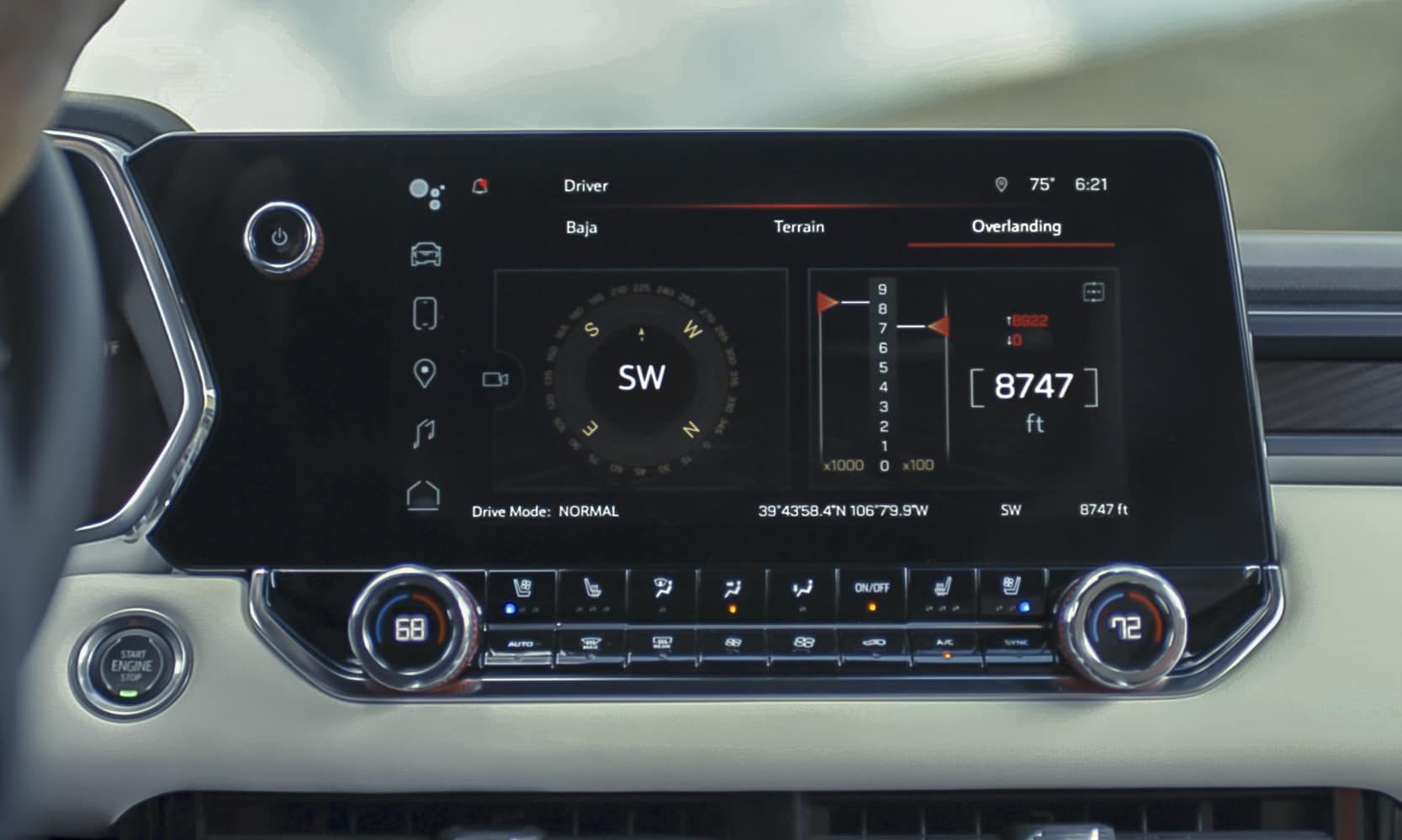 Closeup interior image of a 2026 GMC Canyon ATX's off-road performance display