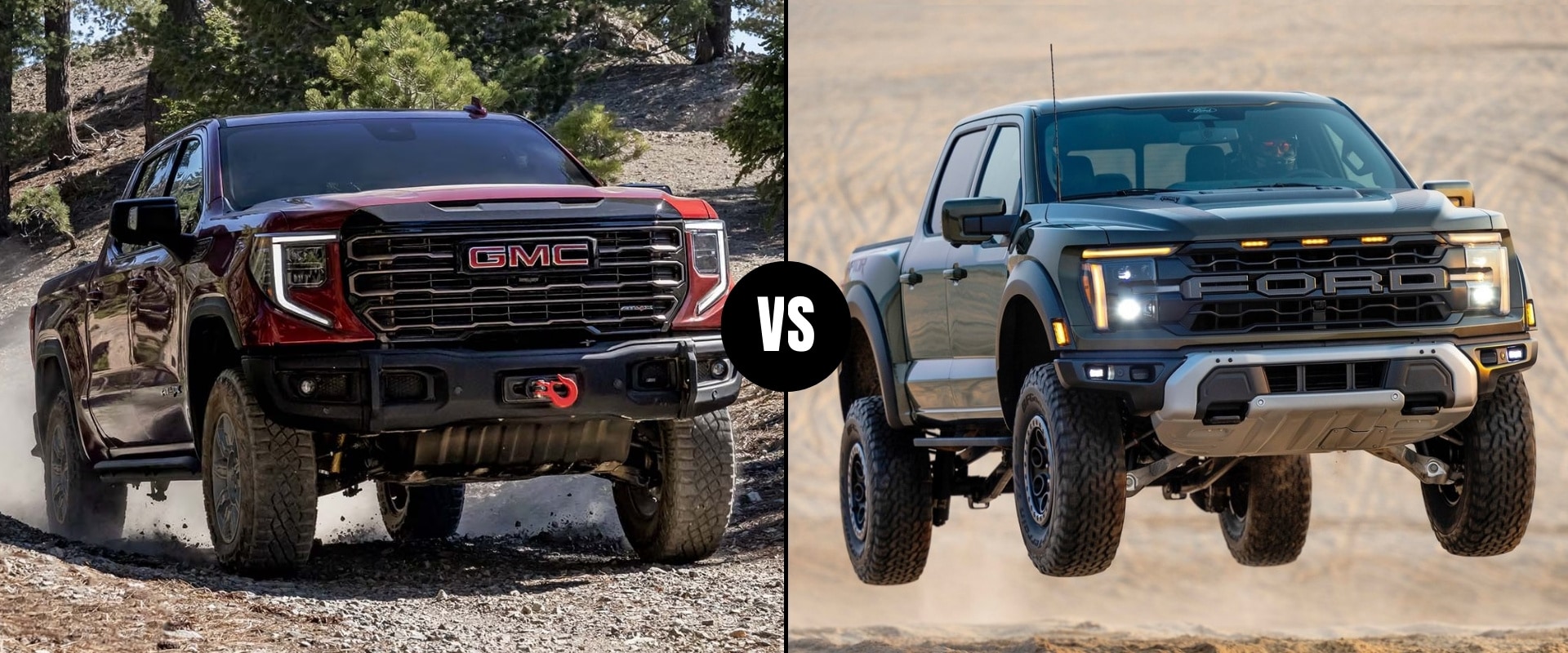 Side-by-side comparison graphic of a red 2025 GMC Sierra 1500 AT4X on the left and a green 2025 Ford F-150 Raptor on the right