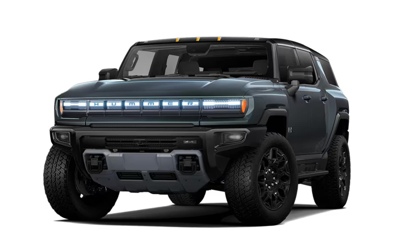 Exterior front image of a dark teal 2026 GMC Hummer EV SUV 2X parked on a white background