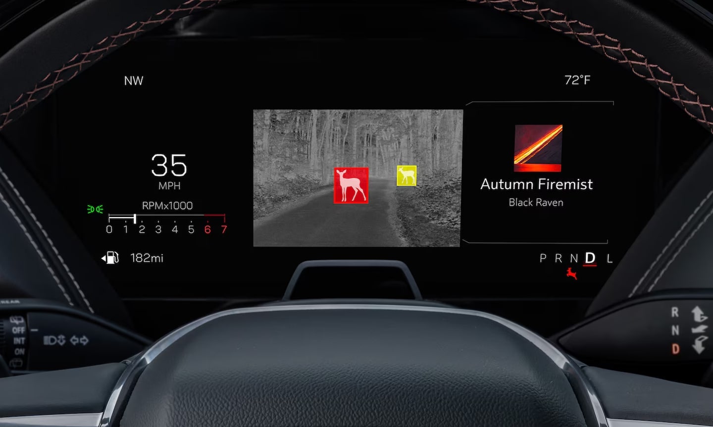 Close-up image of the 2026 GMC Yukon safety features behind the steering wheel