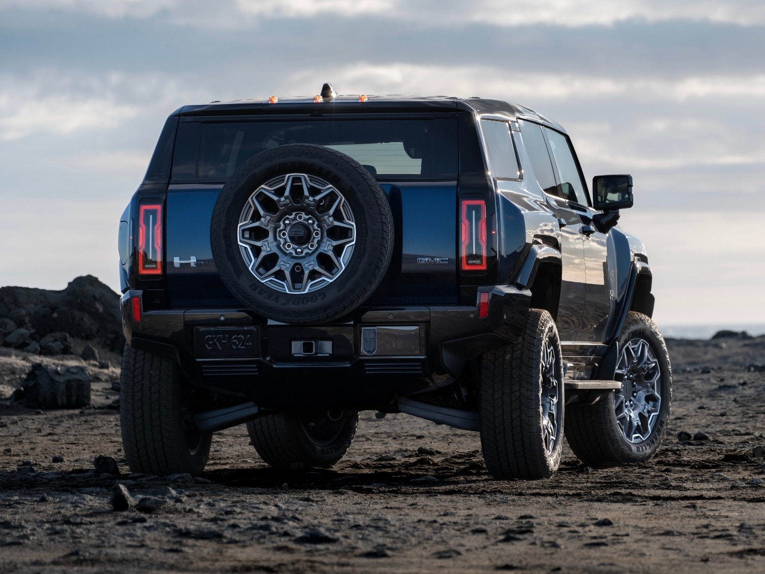 Rear exterior view of the 2025 GMC Hummer EV SUV