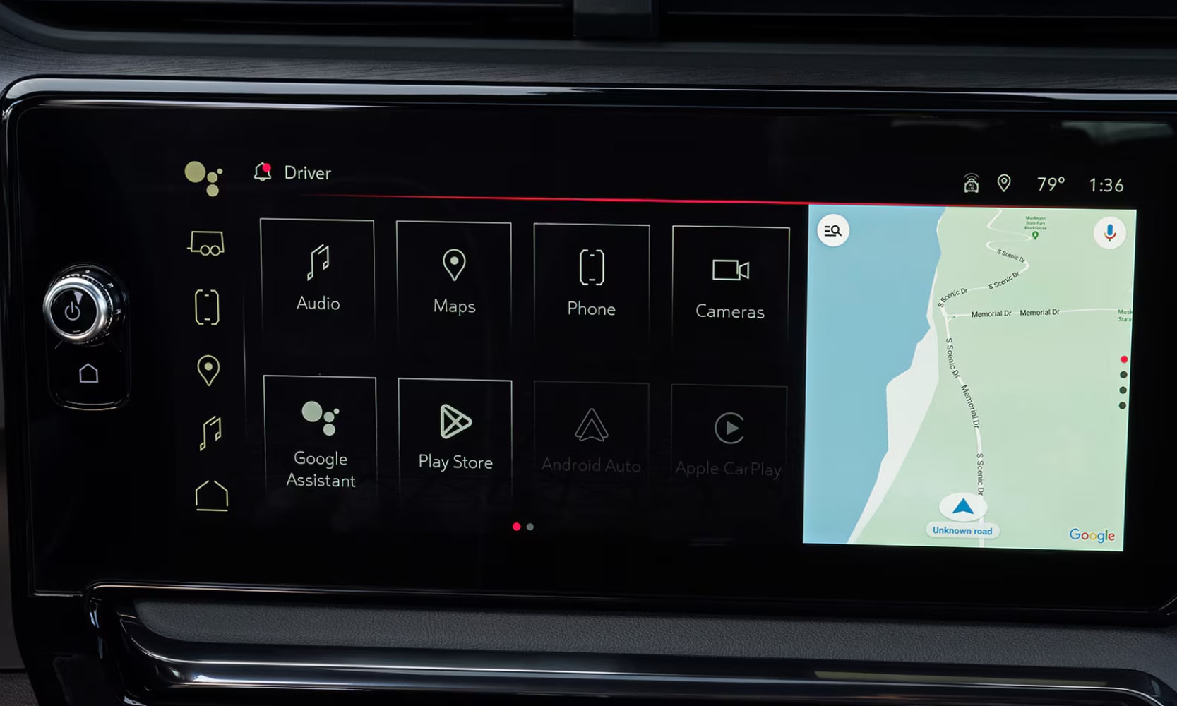 Closeup image of the 2026 GMC Sierra HD infotainment touchscreen with a map displayed