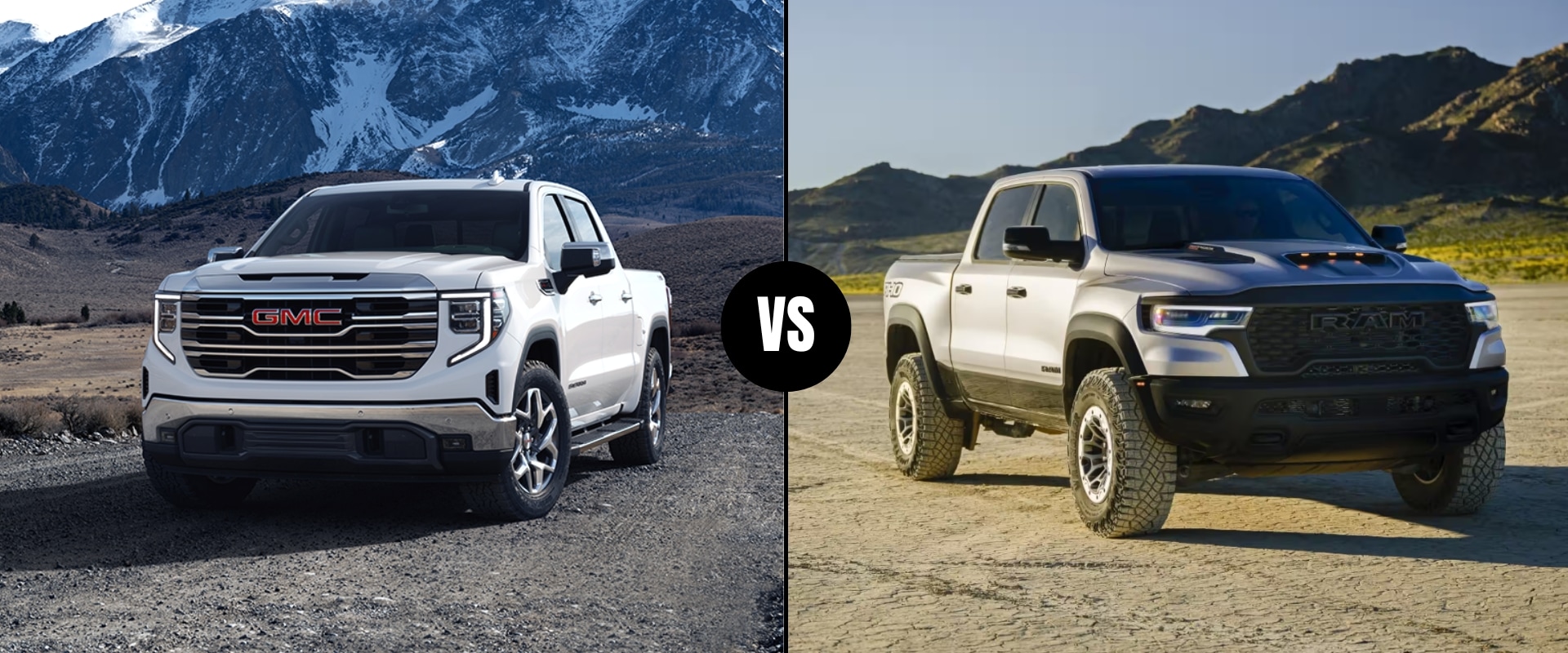 Comparison hero image graphic of the 2025 GMC Sierra 1500 vs. 2025 RAM 1500