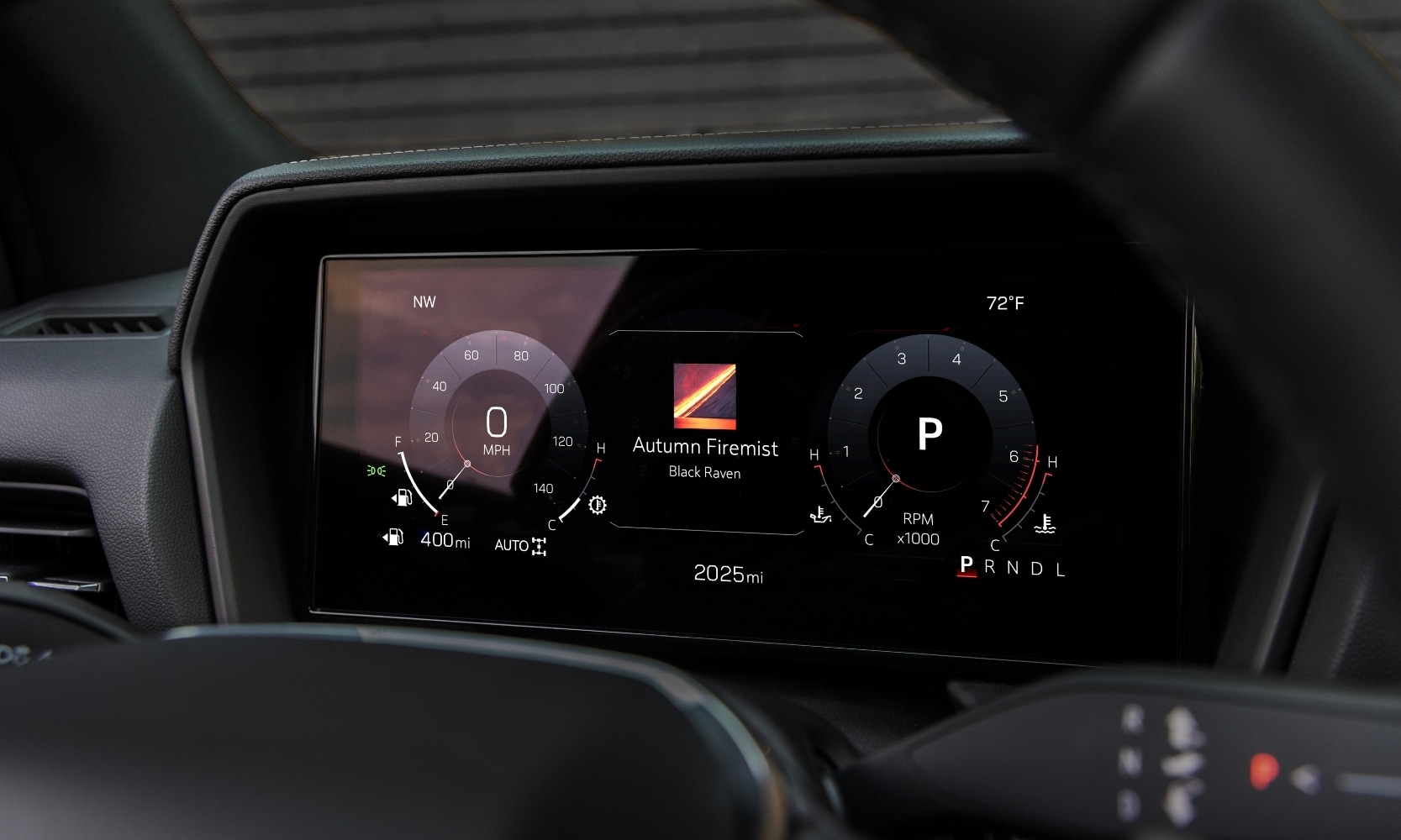close up view of the instrument panel display behind the steering wheel inside the 2025 GMC Terrain