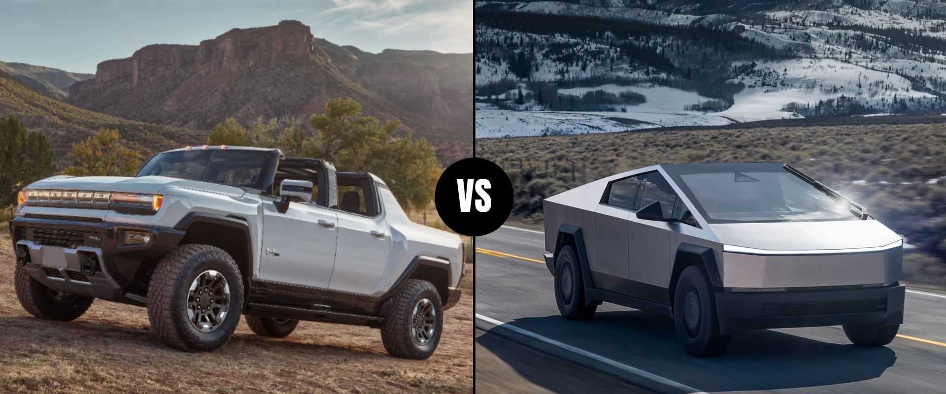 Exterior side-by-side image graphic of a 2025 GMC Hummer EV Truck vs. 2025 Tesla Cybertruck
