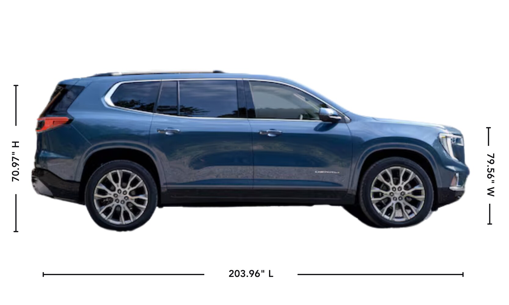 Illustration graphic of a blue 2025 GMC Acadia parked on a white background with its exterior dimensions displayed