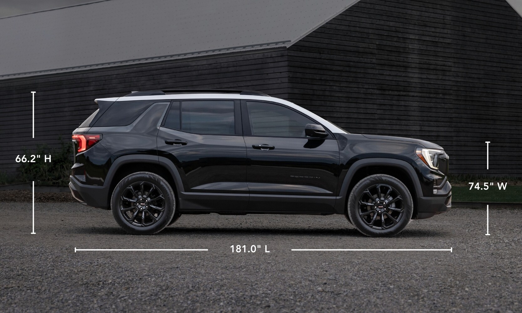 illustration of a 2025 GMC Terrain displaying the exterior dimensions on image