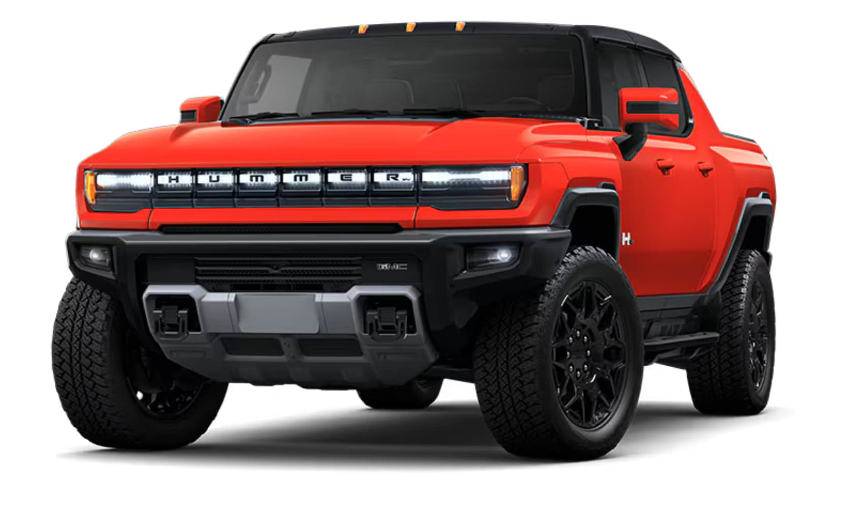 Exterior front angle image of a red orange 2025 GMC Hummer EV Truck 2X parked on a white background