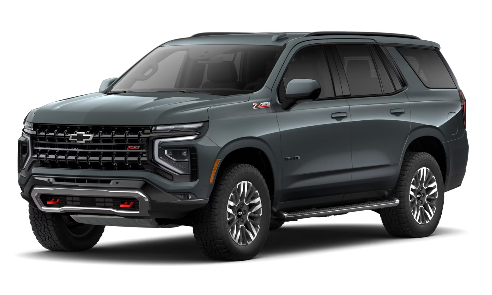 Exterior front angle image of a dark gray 2026 Chevy Tahoe Z71 parked on a white background