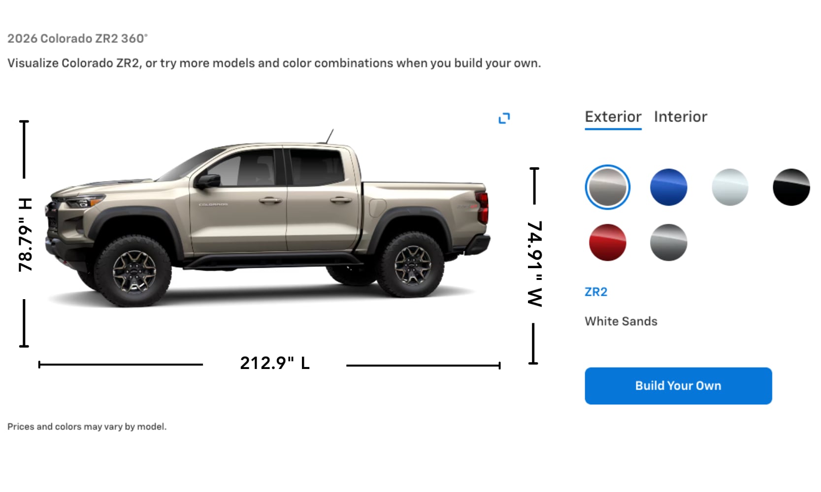 Exterior side image graphic of a light gold 2026 Chevy Colorado with its paint options and specs displayed