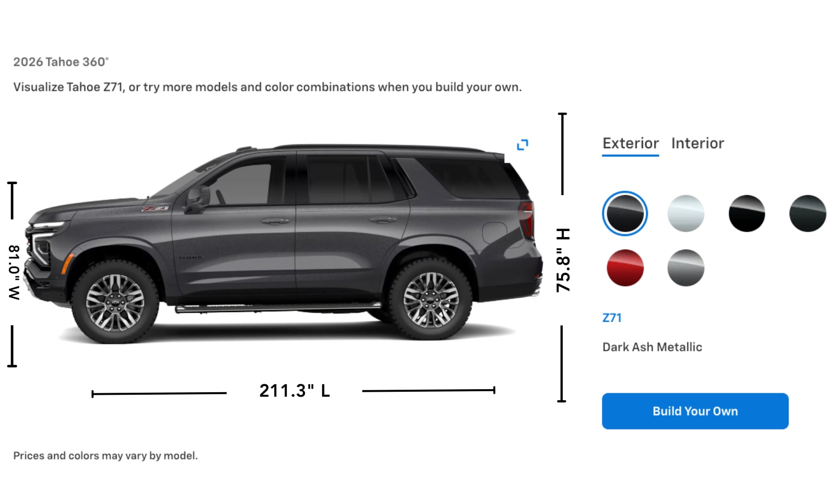 Image graphic of the 2026 Chevy Tahoe exterior dimensions and color options