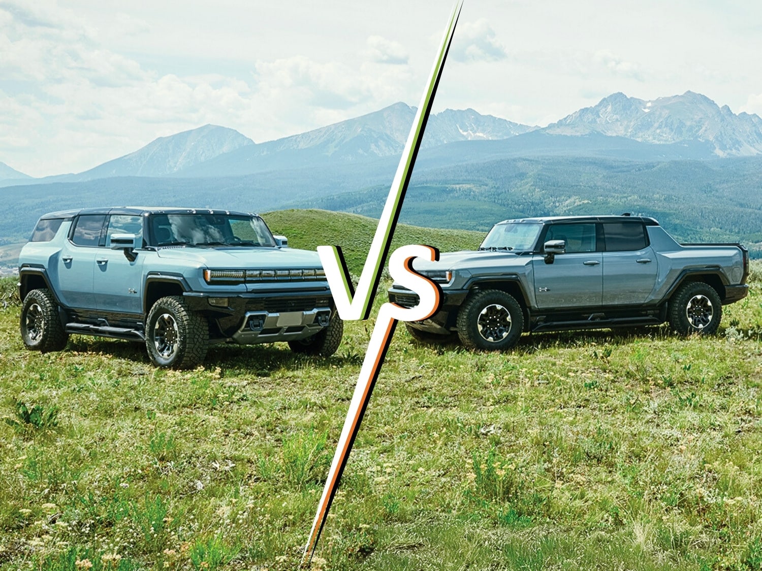 Comparison image of the new 2025 GMC Hummer EV SUV next to the GMC Hummer EV Pickup Truck