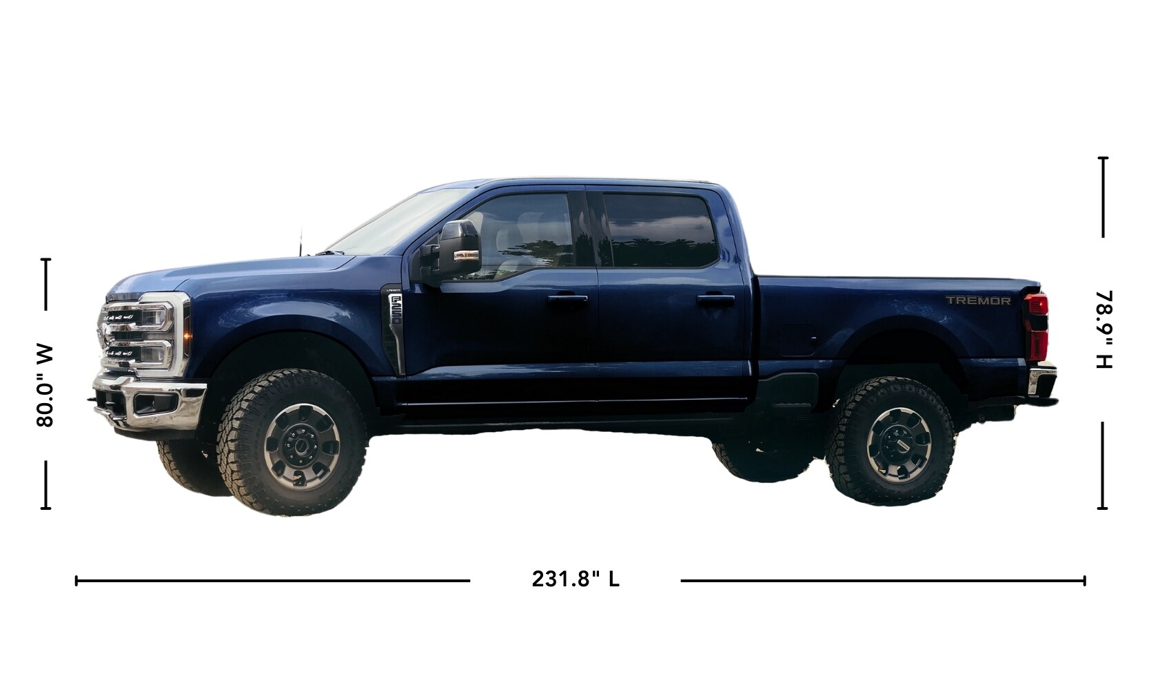 A side-view graphic of a dark blue 2025 Ford F-250 Super Duty TREMOR with its exterior dimensions displayed on a white background