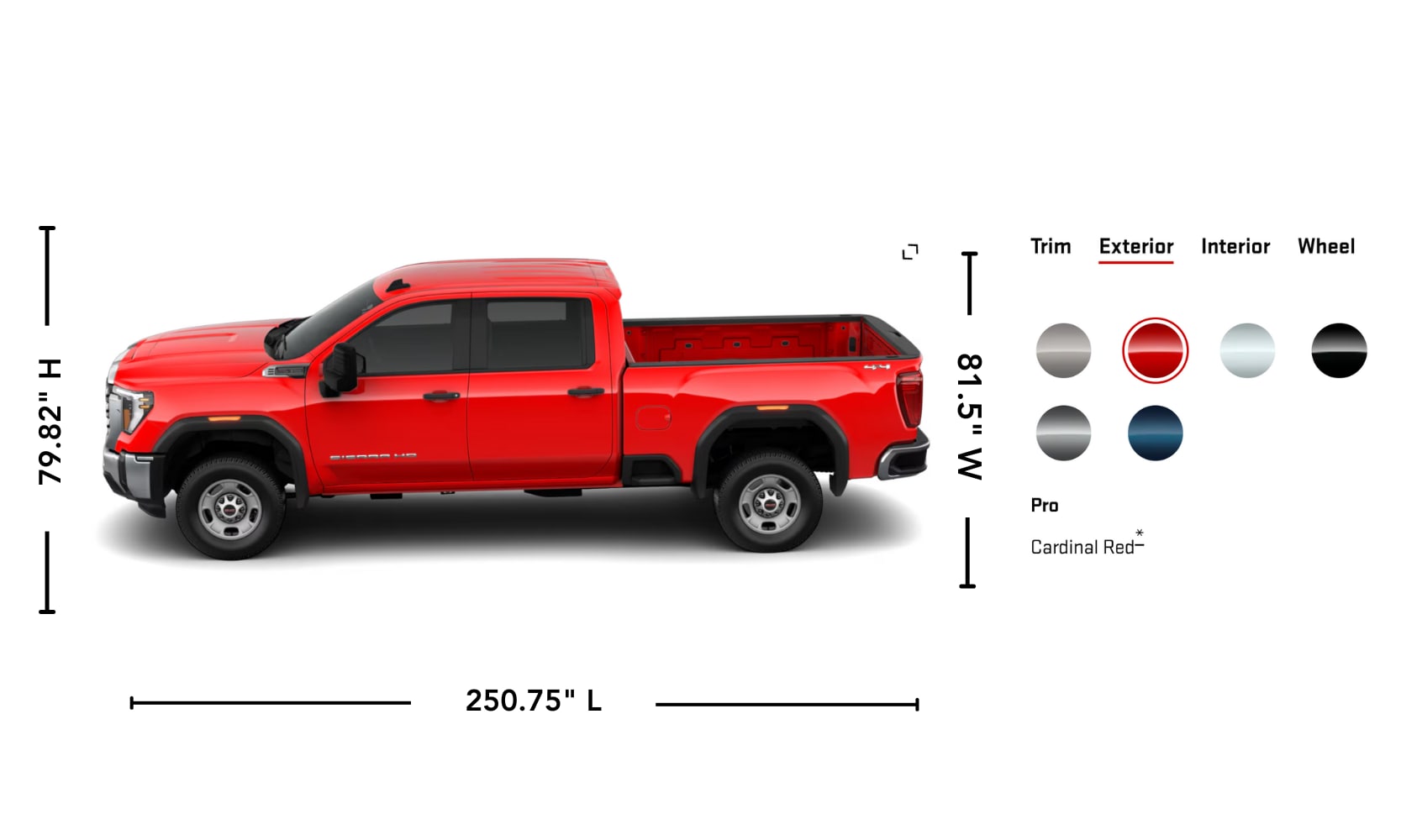 Exterior side image graphic of a red 2026 GMC Sierra 2500 HD with its paint options and specs displayed