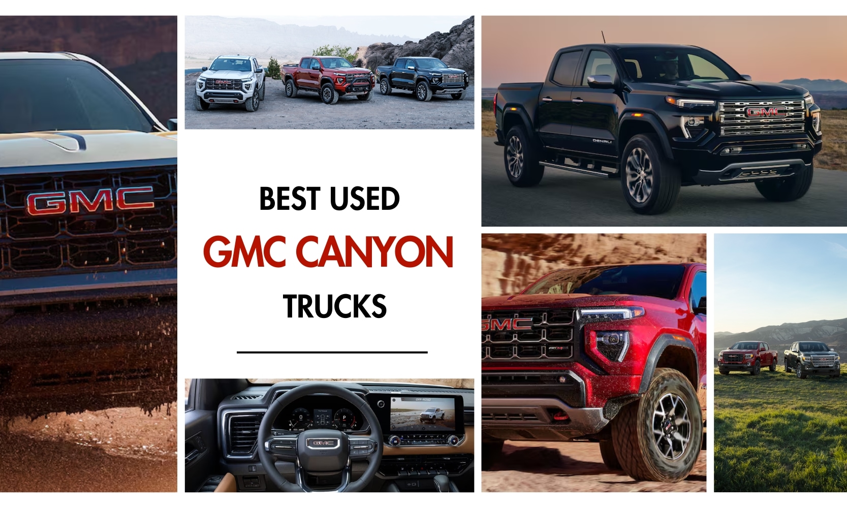 Hero image graphic collage of the best GMC Canyon years to buy used with different trims and shots shown