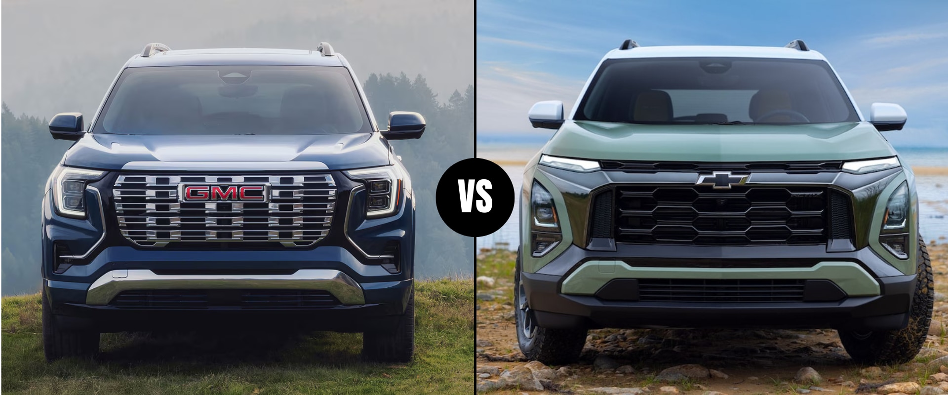 Exterior front hero image graphic of a 2026 GMC Terrain vs. 2026 Chevrolet Equinox