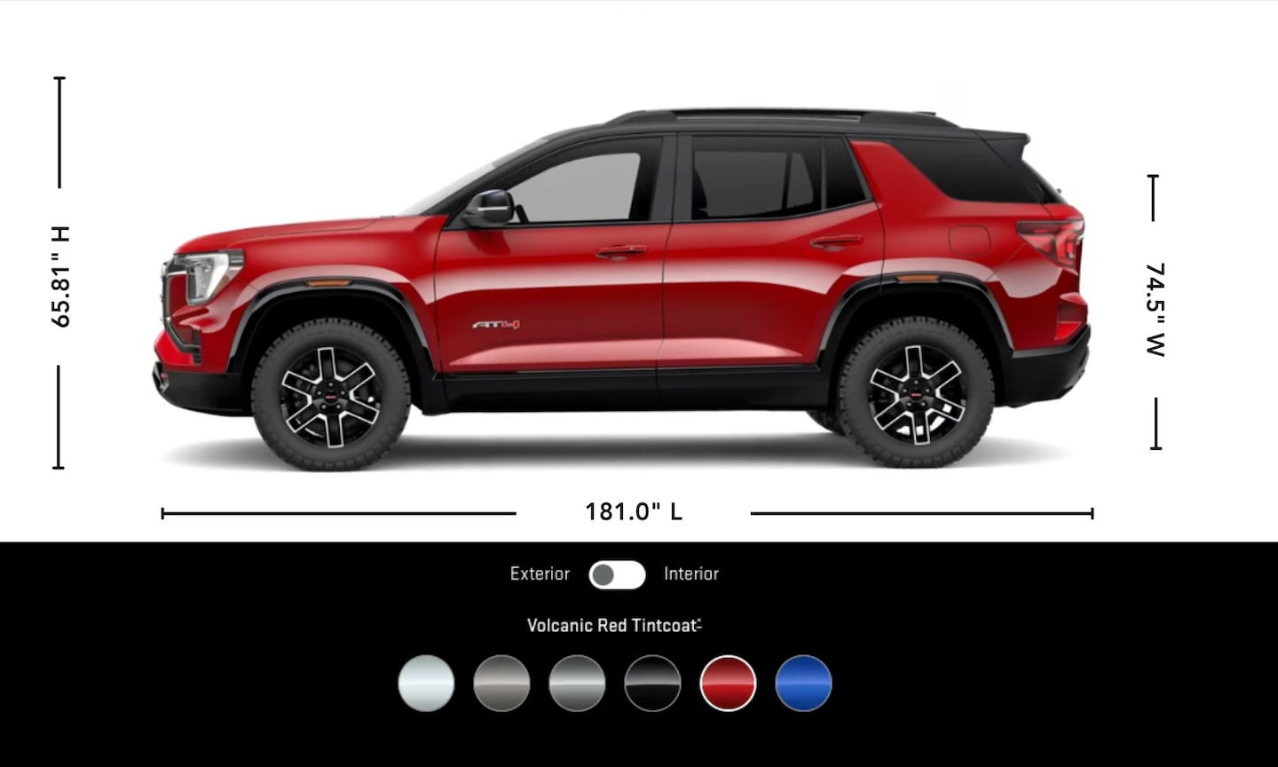 Exterior side image graphic of a red 2026 GMC Terrain AT4 with its paint options and specs displayed