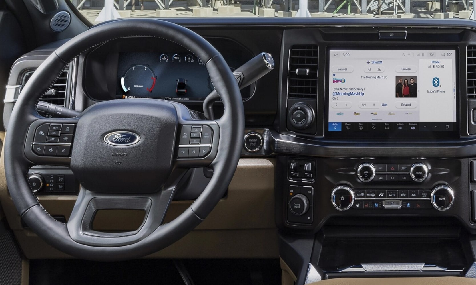 Interior image of a 2025 Ford F-250 Super Duty driver seat area, steering wheel, dashboard, and infotainment system