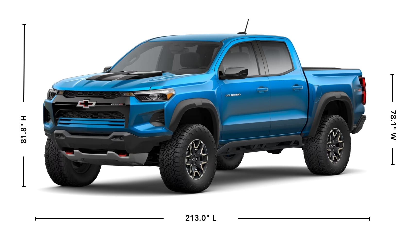 Illustration graphic of a blue 2024 Chevy Colorado ZR2 showing exterior dimensions on a white background