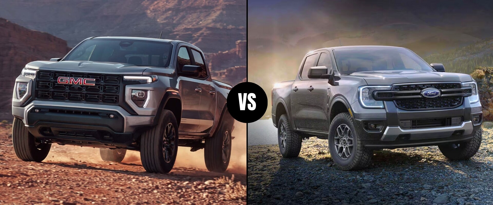 Exterior truck comparison of the New 2024 GMC Canyon on the left next to the 2024 Ford Ranger on the right