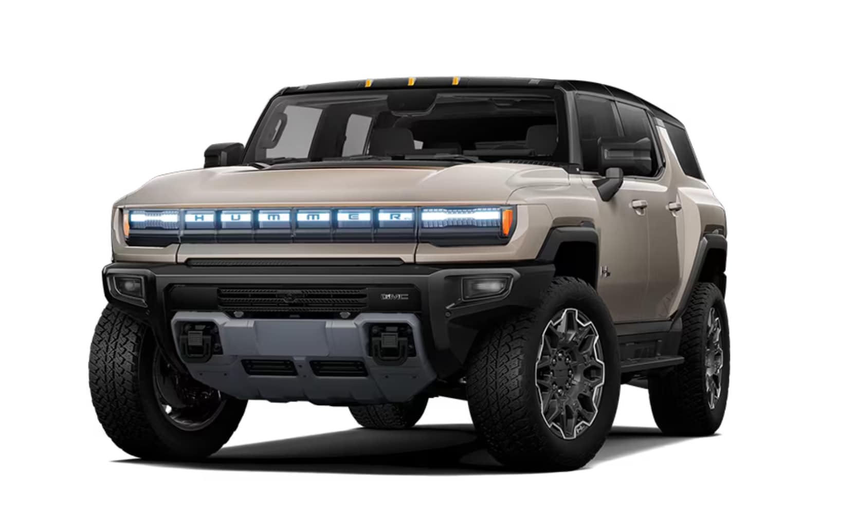 Exterior front image of a light tan 2026 GMC Hummer EV SUV 3X parked on a white background