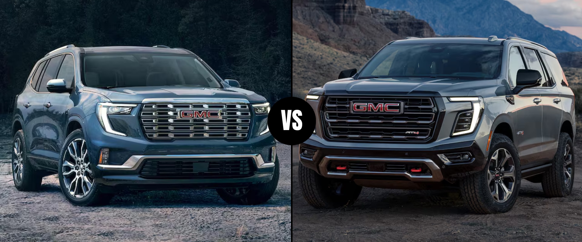 Comparison image graphic of the 2026 GMC Acadia vs. 2026 GMC Yukon