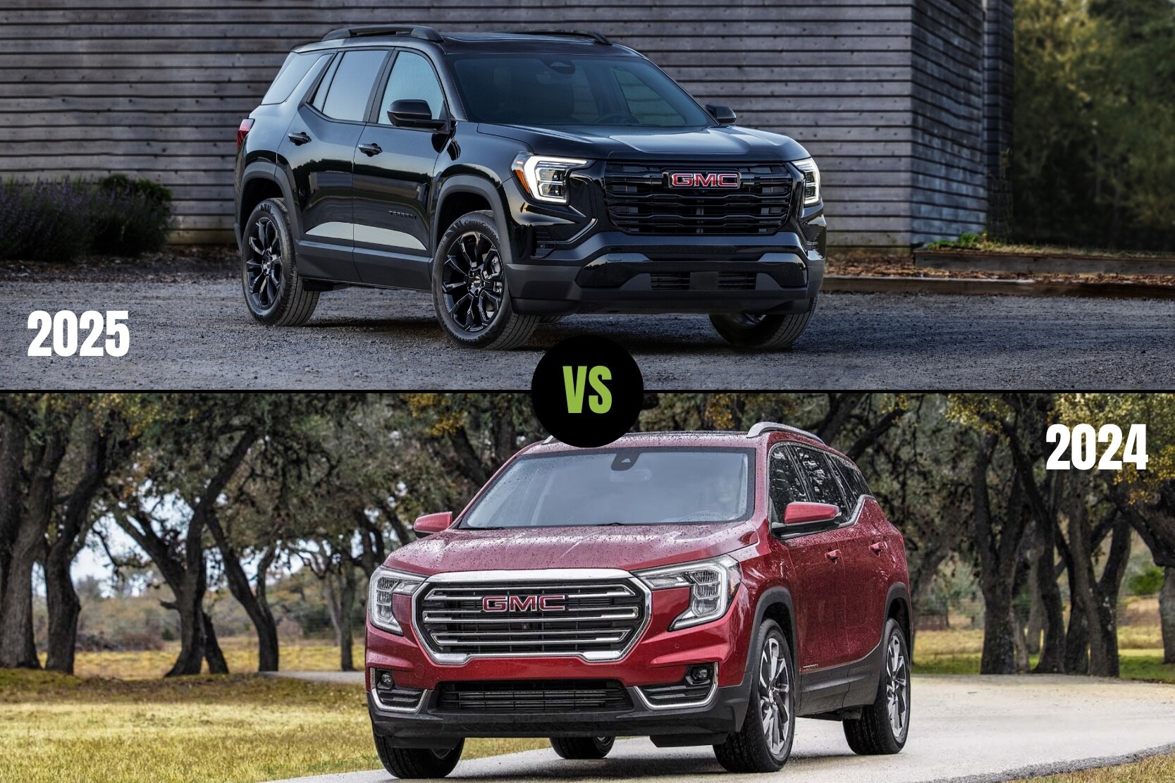 an exterior comparison of the all-new 2025 GMC Terrain and the previous 2024 GMC Terrain