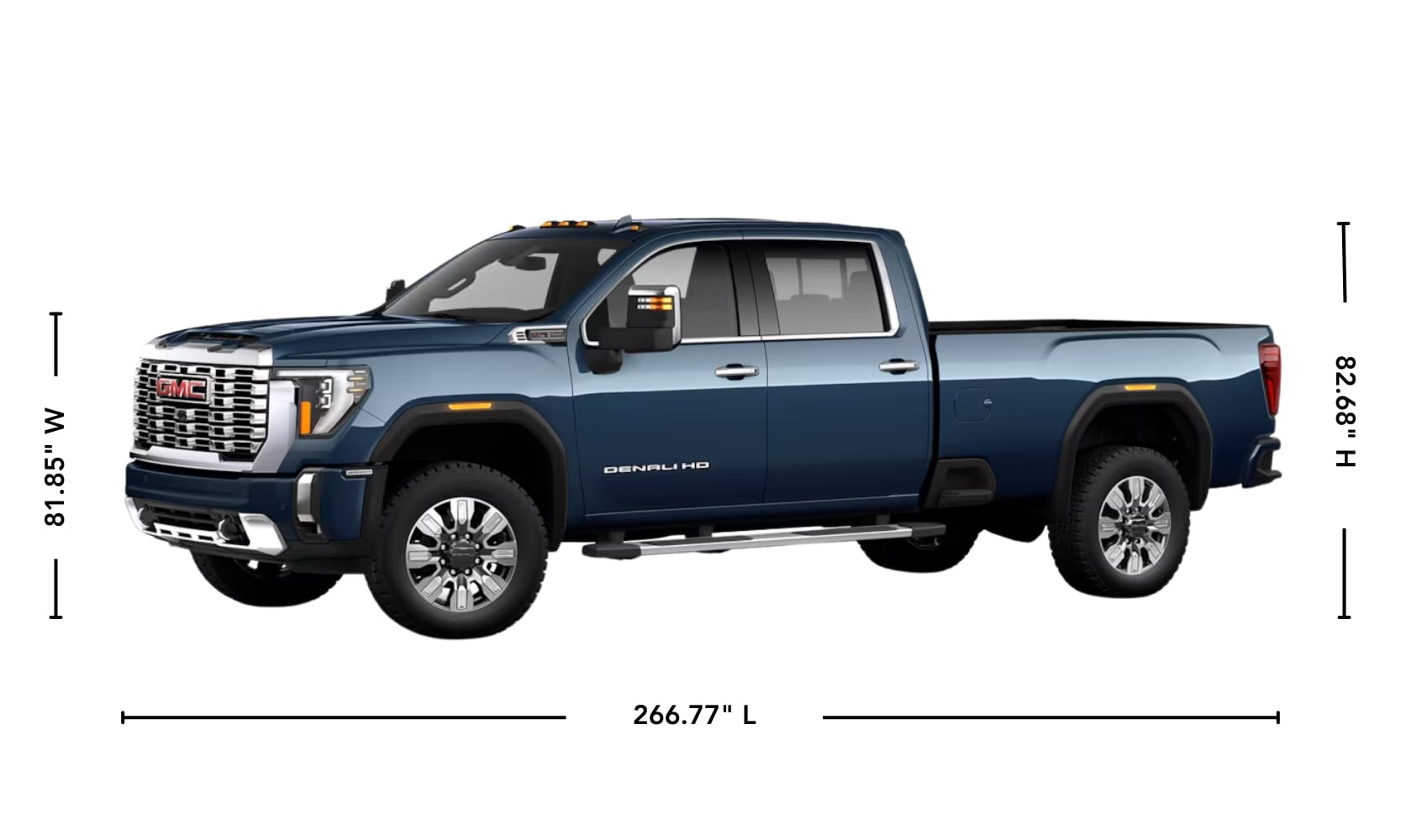 A side-view graphic of a dark blue 2025 GMC Sierra 2500 HD Denali with its exterior dimensions displayed on a white background