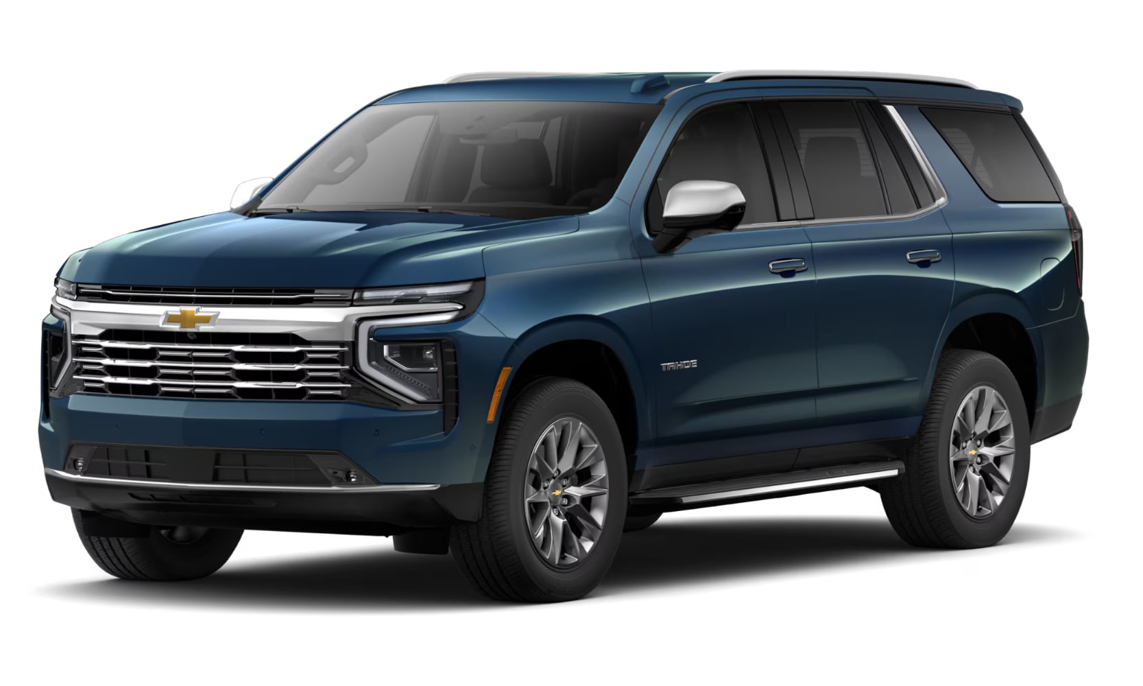 Exterior front angle image of a dark blue 2026 Chevy Tahoe Premier parked on a white background