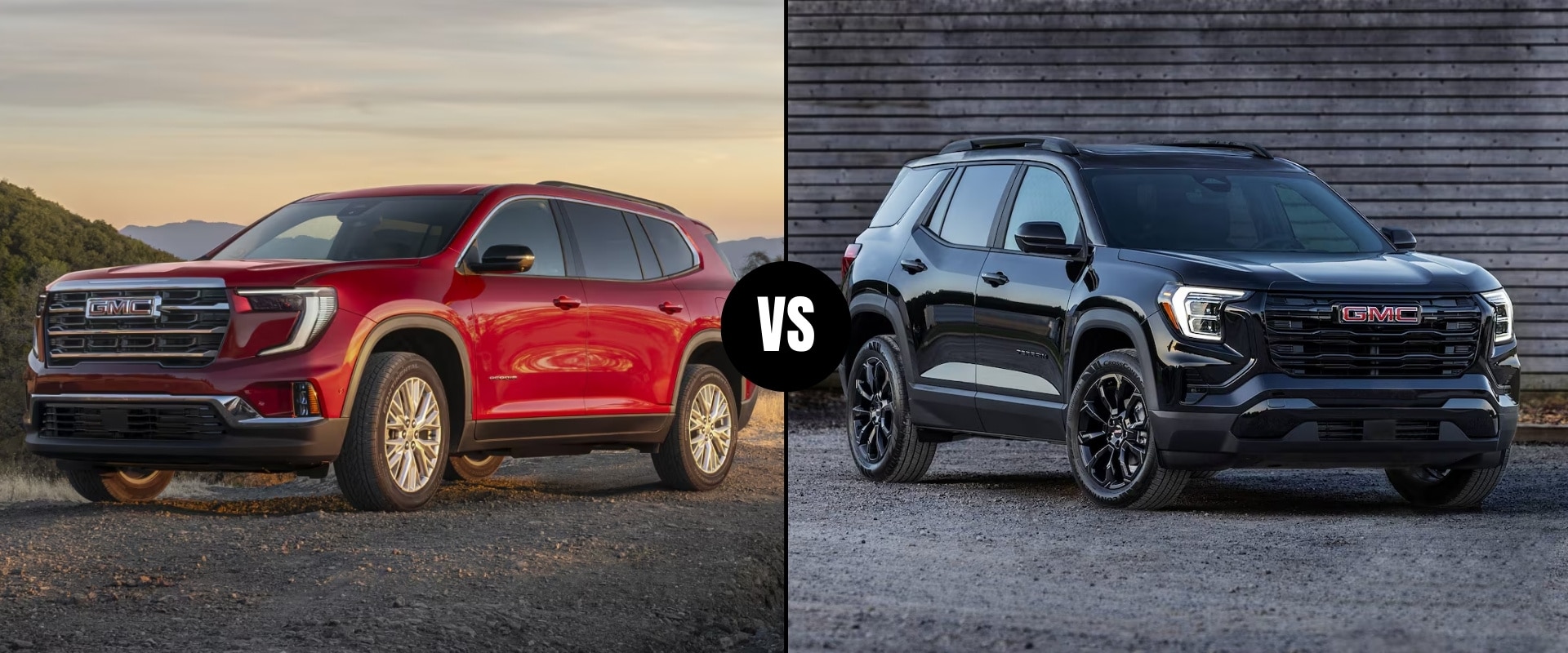 A comparison image graphic of a 2025 GMC Acadia next to a 2025 GMC Terrain SUV