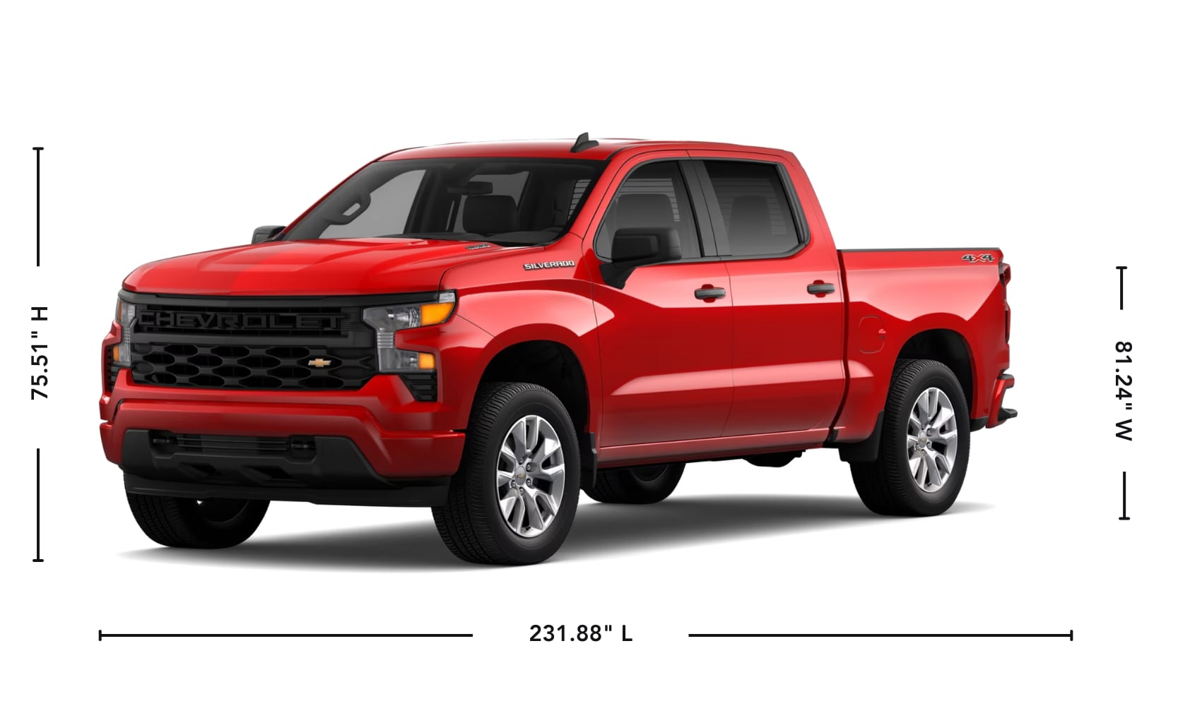Exterior side angle image graphic of a red 2025 Chevy Silverado parked on a white background with its specs displayed
