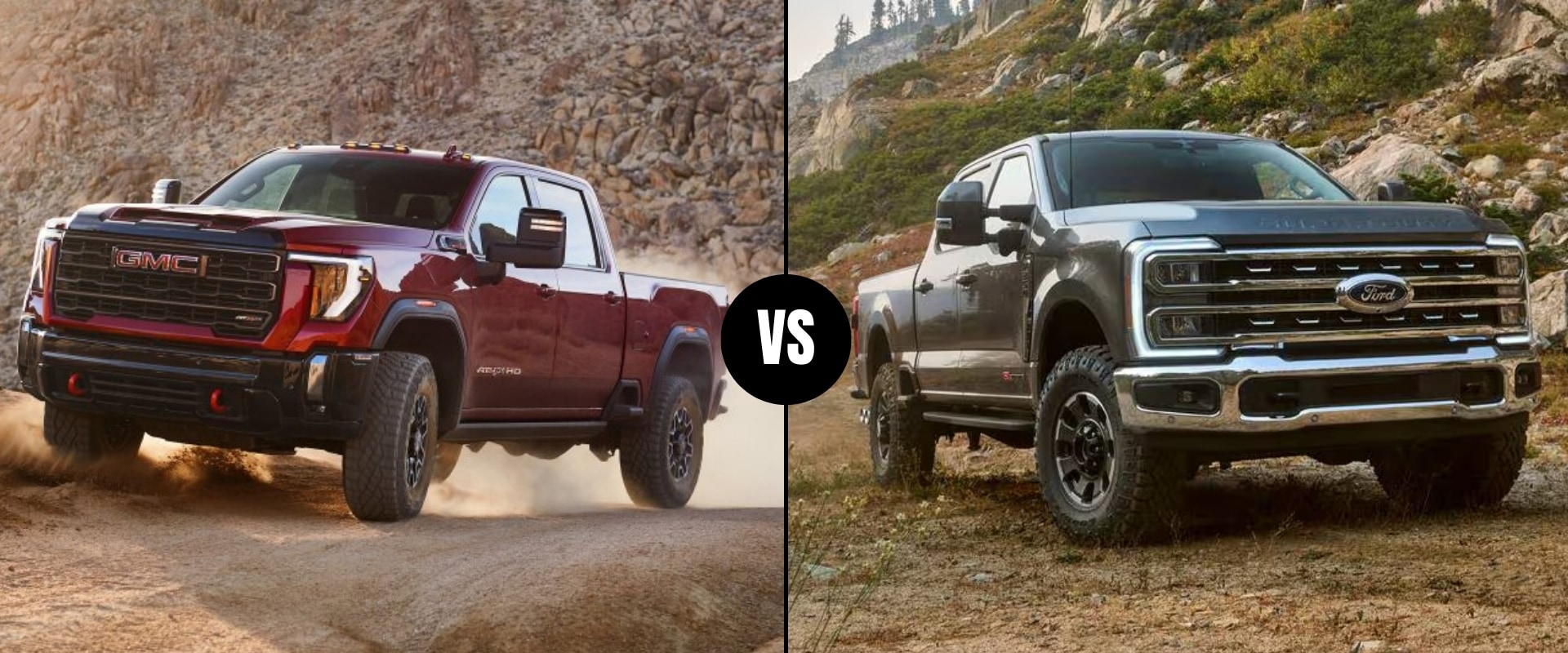 A comparison image graphic of a 2025 GMC Sierra 2500 HD next to a 2025 Ford F-250 Super Duty truck