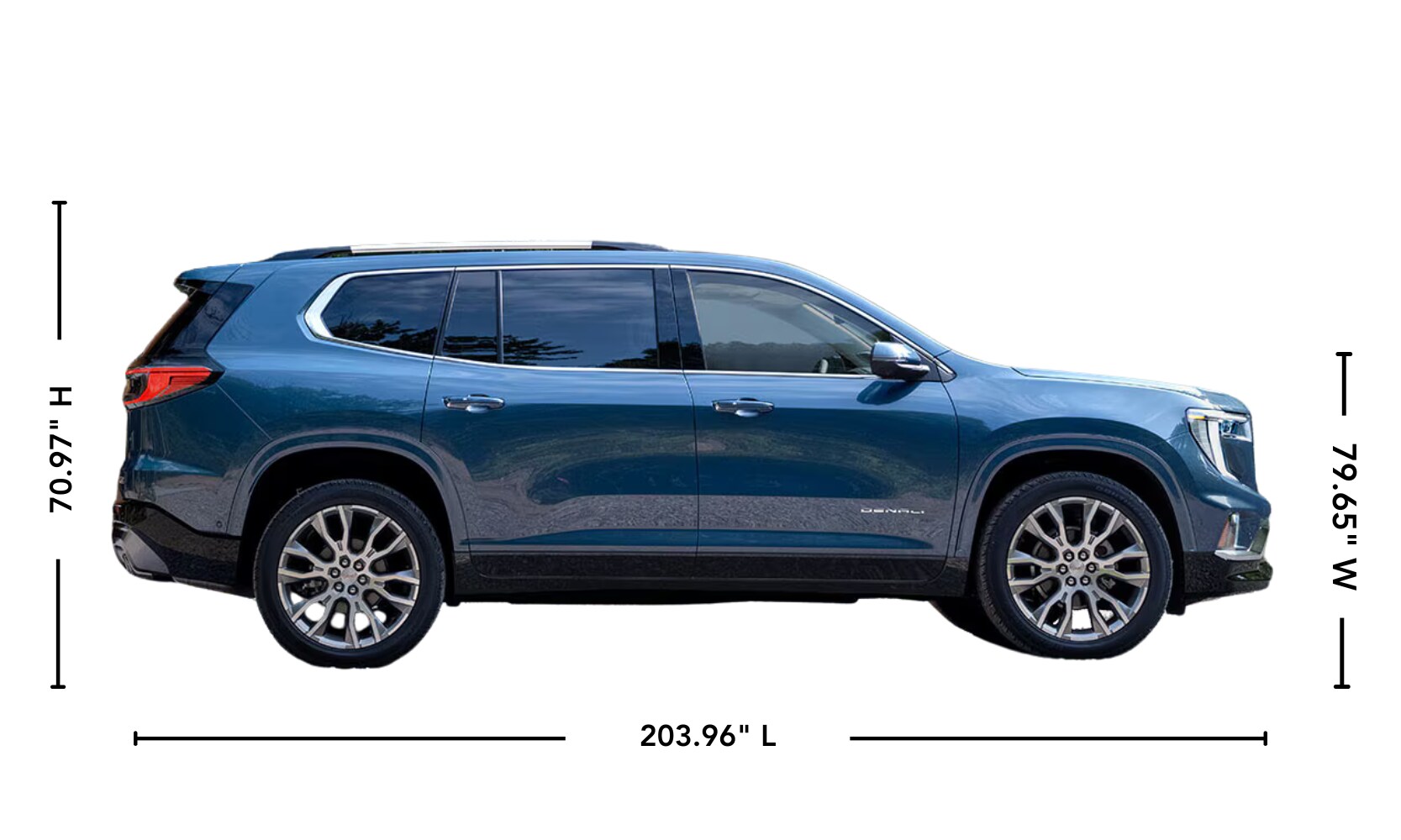 Exterior side image of a blue 2026 GMC Acadia parked on a white background with its specs displayed