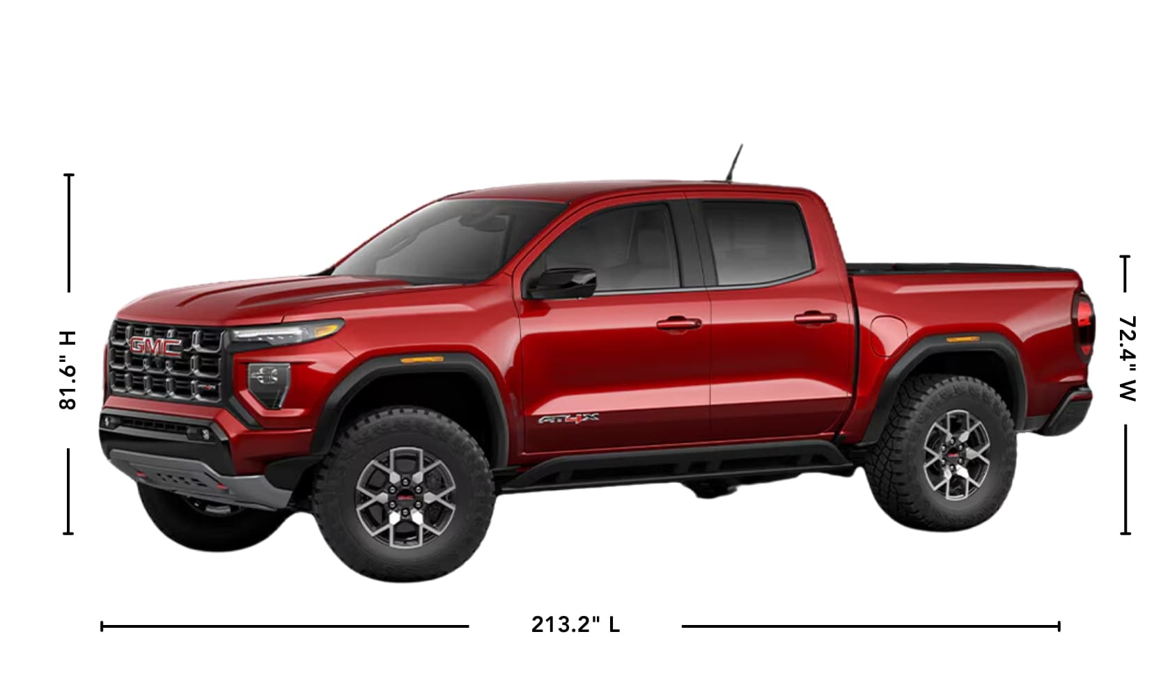 Illustration graphic of a red 2024 GMC Canyon AT4X showing its exterior dimensions on a white background