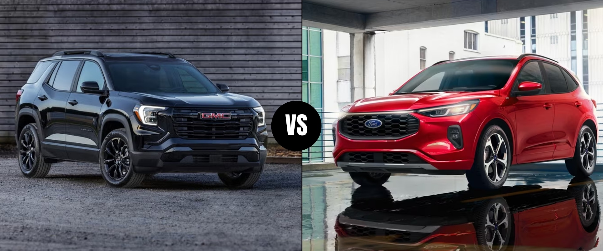 Side-by-side comparison graphic of a 2025 GMC Terrain on the left and a 2025 Ford Escape on the right