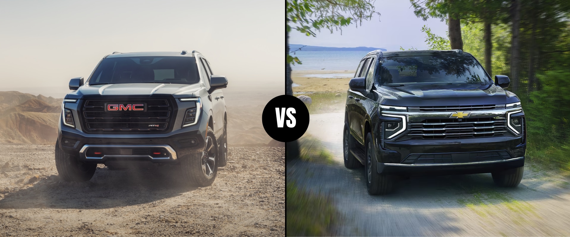 Exterior hero comparison graphic of the 2025 GMC Yukon vs. 2025 Chevrolet Tahoe
