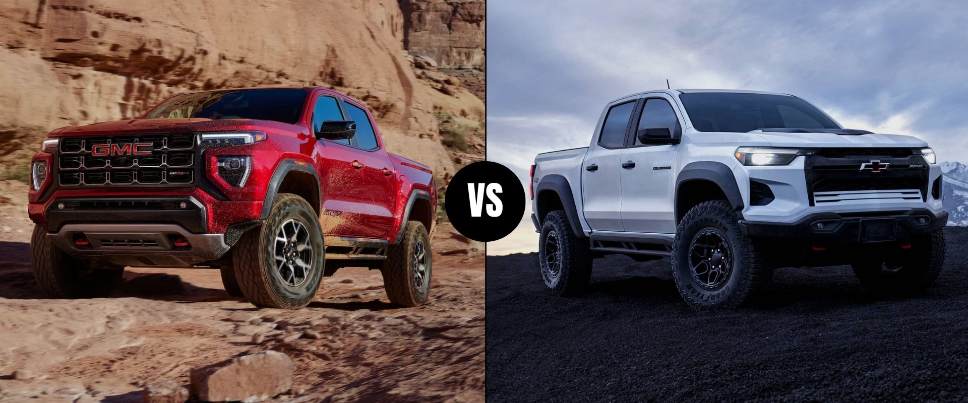 Side-by-side comparison graphic of a 2024 GMC Canyon on the left and a 2024 Chevy Colorado ZR2 on the right