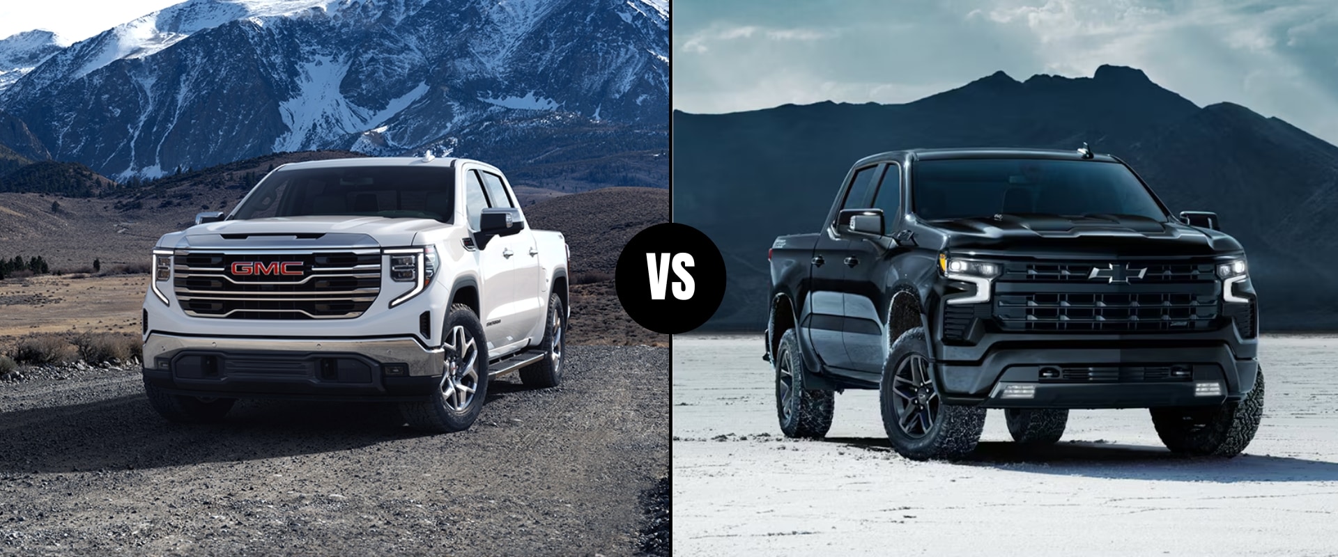 Exterior comparison image graphic of a 2025 GMC Sierra 1500 vs. 2025 Chevy Silverado 1500