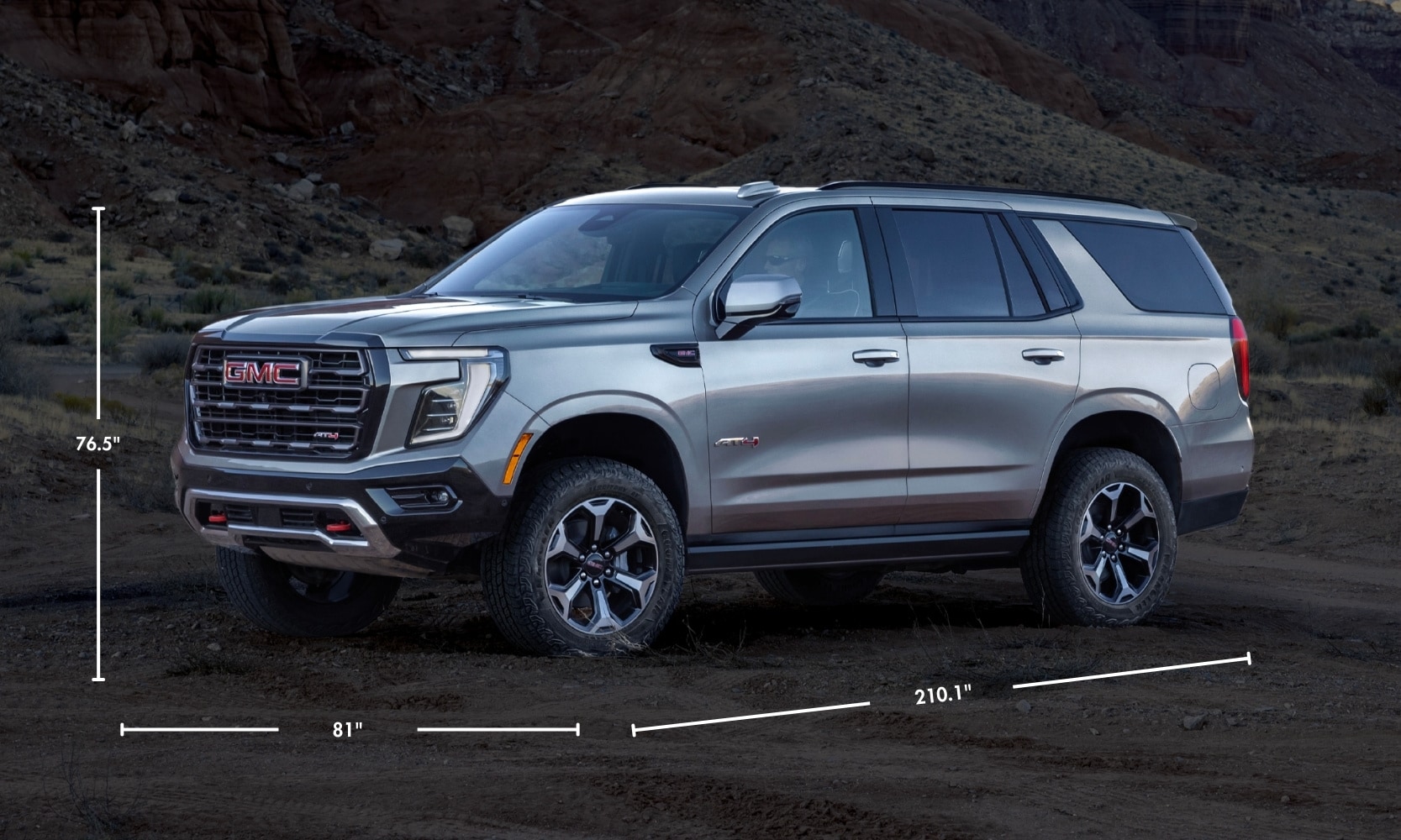image of a 2025 GMC Yukon with exterior dimensions written on the image
