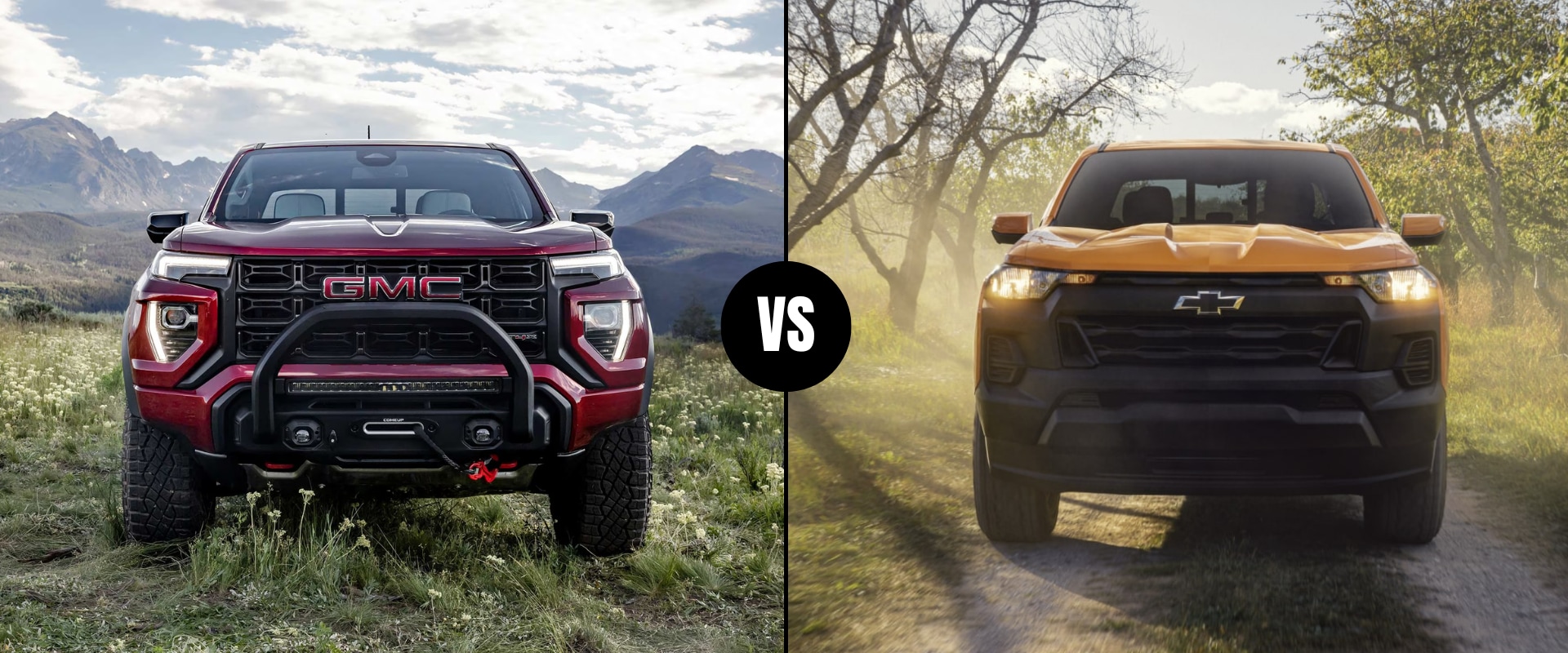 Comparison hero graphic of a 2026 GMC Canyon vs. 2026 Chevy Colorado