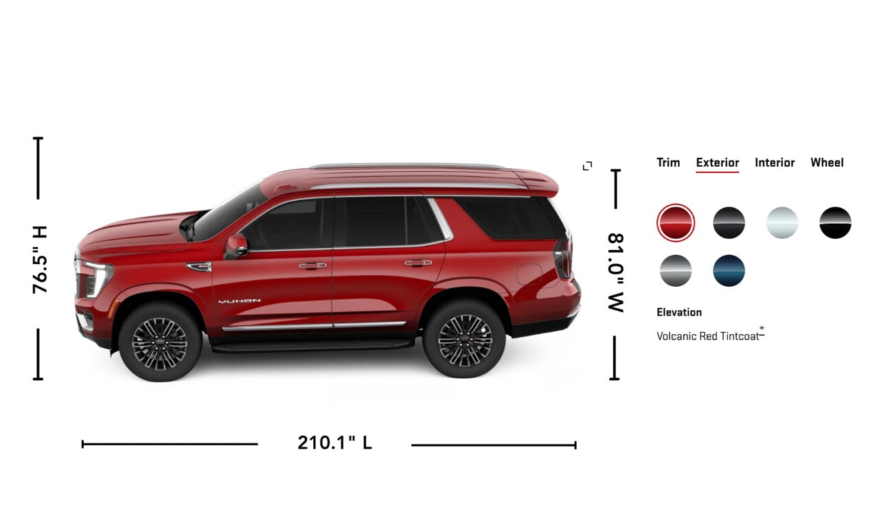 Exterior side image graphic of the 2026 GMC Yukon with its specs and color options displayed