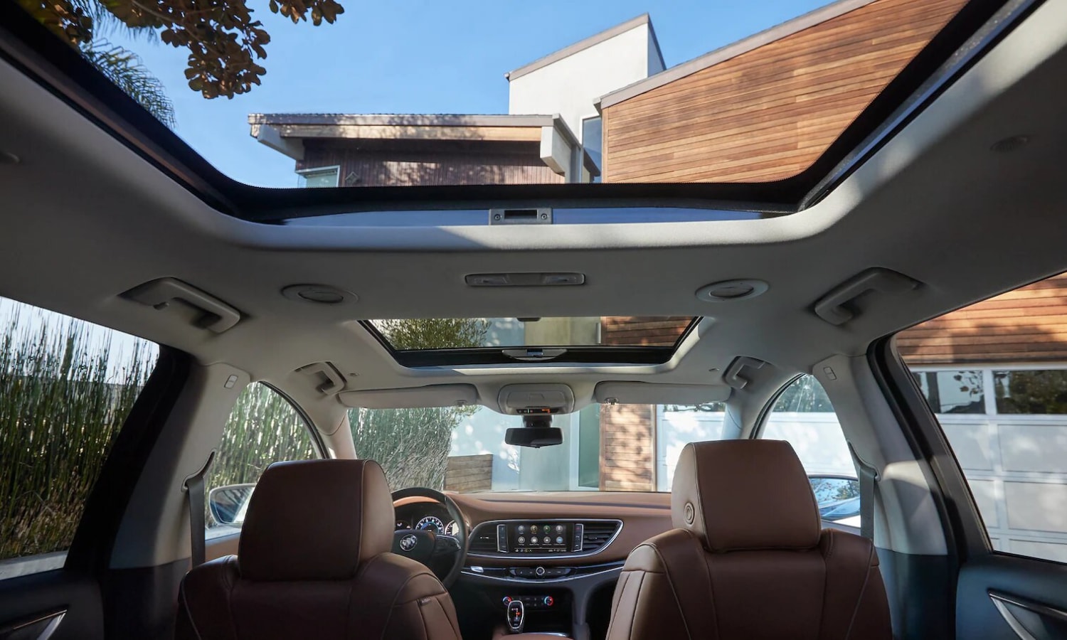 Interior view of the dual sunroofs inside the 2022 Buick Enclave