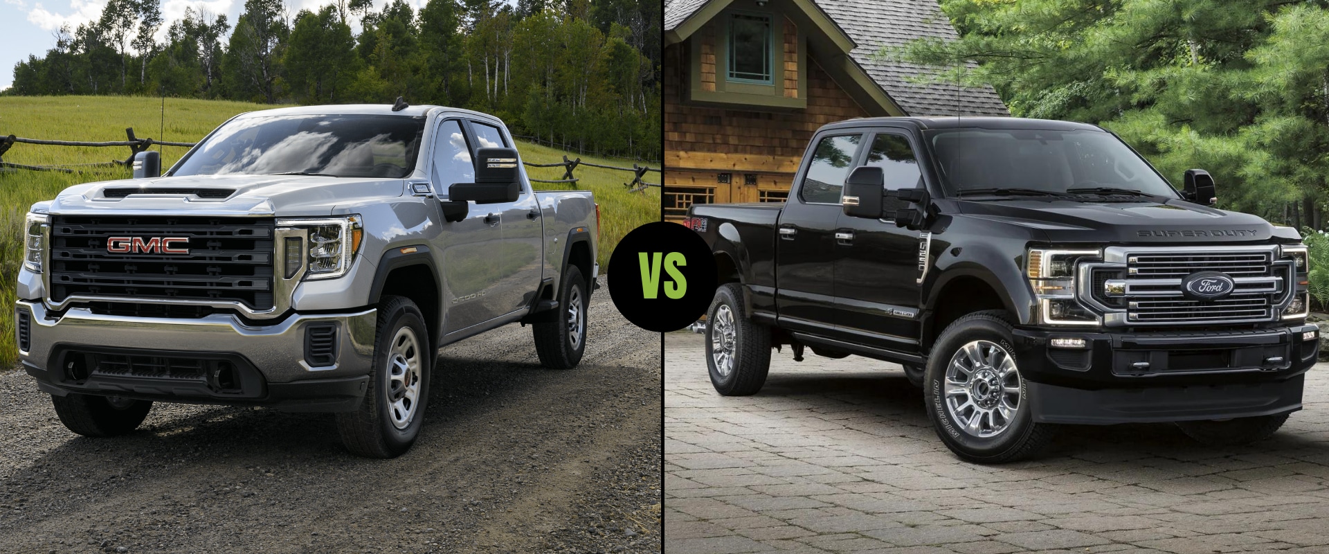 Exterior comparison of the New 2022 GMC Sierra 2500 HD on the left next to the 2022 Ford F-250 Super Duty on the right